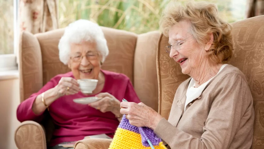 two elderly women smiling and chatting at home while drinking tea and knitting.
