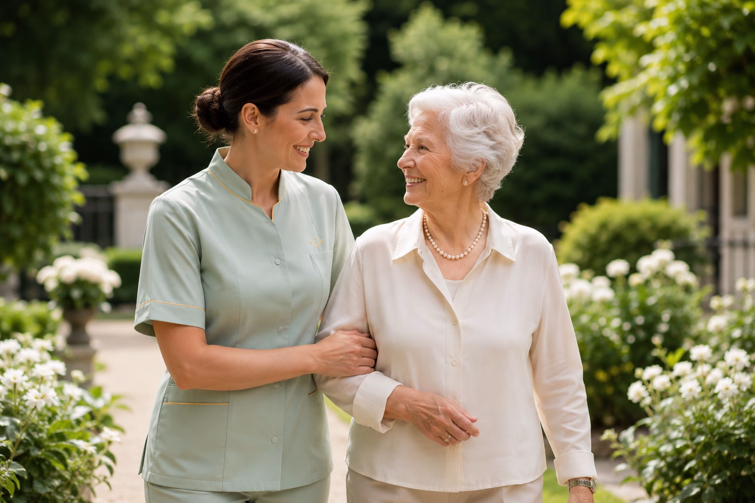 Compassionate carer serving a cup up tea to an elderly female patient.