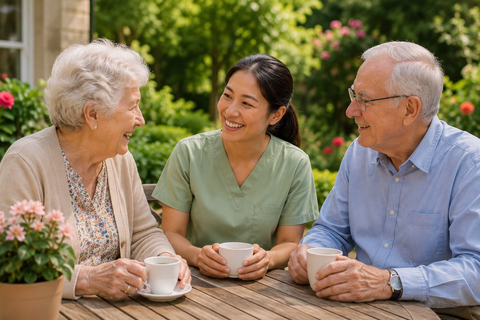 An elderly woman in a wheelchair, wearing a warm smile, enjoys a heartfelt moment with her compassionate Live-In carer, symbolising the bond of care and happiness