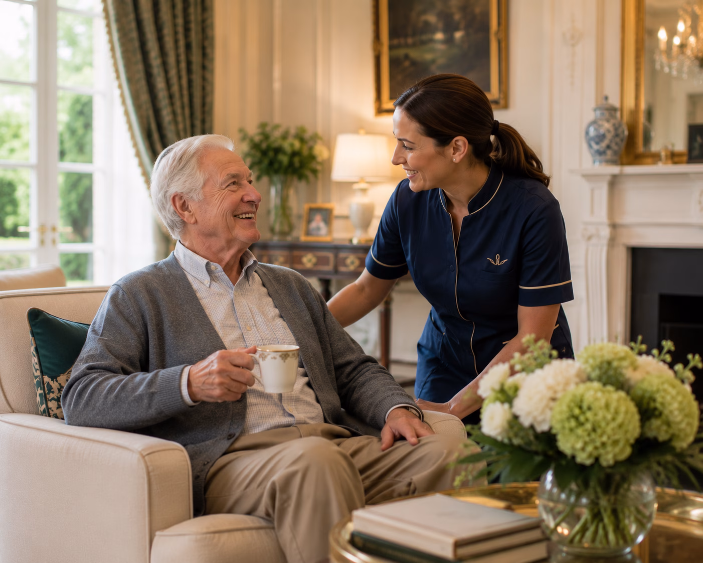 Carer shares a smile with an elderly lady in her wheel chair holding onto a zimmer frame.
